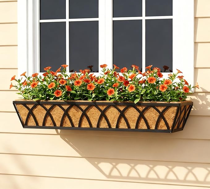 Y&M 30 Inch Window Deck with Coco Liner, Fence Metal Hanging Flower Planter Basket Deck Railing Planter Boxes for Outdoor Garden Lawn, 24" Window Boxes Horse Trough with Coconut Coir Liner,2pcs