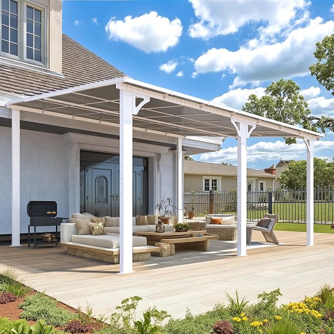 AECOJOY 14' x 12' Gazebo Outdoor Pergola for Patio, White 12x14 Large Wall-Mounted Hard Top Lean to Metal Gazebo Shelter Pergolas and Gazebos Clearance with Patio Roof, Heavy Duty Awnings for Backyard