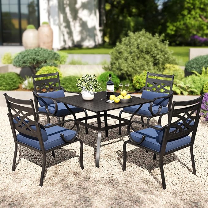 PHI VILLA 5 Pieces Outdoor Dining Set for 4, 37" Square Metal Table with Umbrella Hole & Wrought Iron Chairs, All Weather Large Outside Furniture with Blue Cushions & Pillows for Patio, Deck, Porch