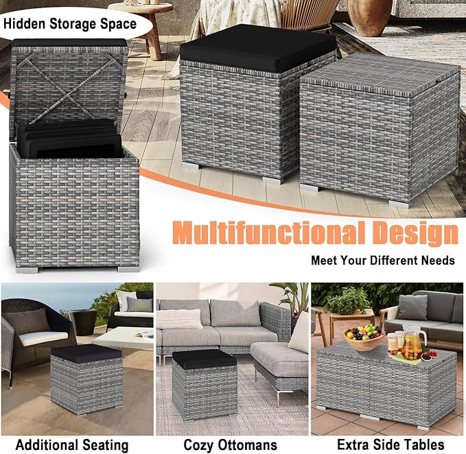 RELAX4LIFE Wicker Outdoor Storage Ottoman - 2-Piece Rattan Footstool w/Removable Cushion, Multipurpose Footrest Foot Stool Seating, Set of 2 Outdoor Ottomans for Patio Deck (Mix Grey-Black)