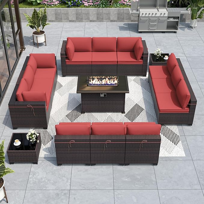 ALAULM Patio Furniture Set with Fire Pit Table 55000 BTU, Outdoor Sectional with Wide Seat and Thick Cushion, 15 Piece Wicker Rattan Conversation Set with Coffee Table for Garden, Deck, Red