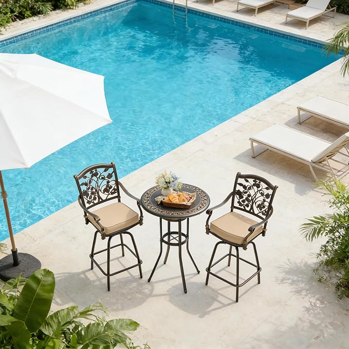 3 Piece Swivel Outdoor Table and Chairs Bar Set , All-Weather Cast Aluminum Outdoor High Top Patio Bar Set Bistro Set, High Swivel Stools with Cushions Umberlla Hole for Balcony, Poolside,Garden,Lawn