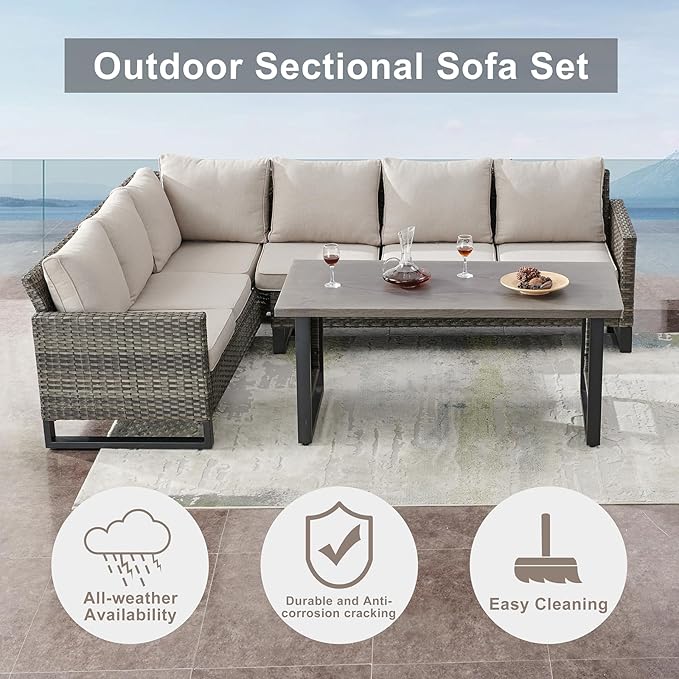 Belord Patio Sectional Furniture Set with Coffee Table: 8 Pieces Wicker Patio Conversation Set with L Shaped Sofa, Outdoor Swivel Glider Rocker, Rattan Ottomans, Removable