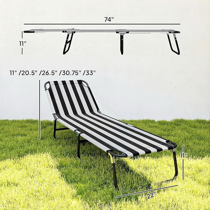 Outsunny Folding Chaise Lounge Pool Chairs, Outdoor Sun Tanning Chairs with 5-Level Reclining Back, Steel Frame for Beach, Yard, Patio, Black and White