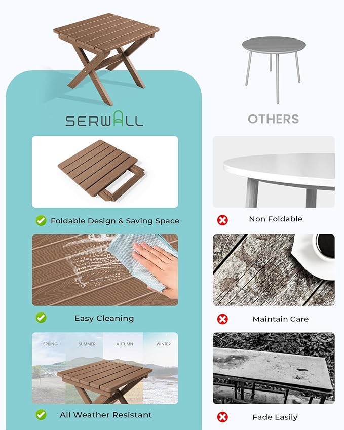 SERWALL Folding Outdoor Side Table Set of 6, Adirondack End Table, Brown