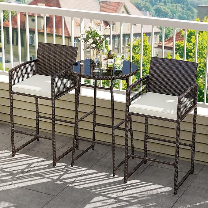 Tangkula 3 Piece Patio Bar Set, Outdoor Wicker Bar Height Glass Top Table & 2 Cushioned Bartools Heavy Duty, for Backyard, Poolside, Porch