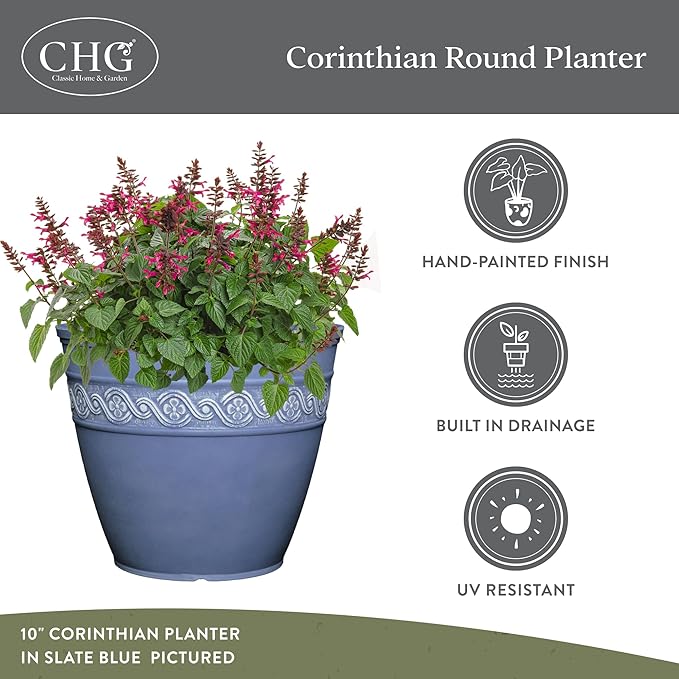 Classic Home and Garden Corinthian Resin Planter Pot - Outdoor & Indoor Plant Pot - Round Planter for Plants & Flowers (8" Storm Gray, Pack of 1)