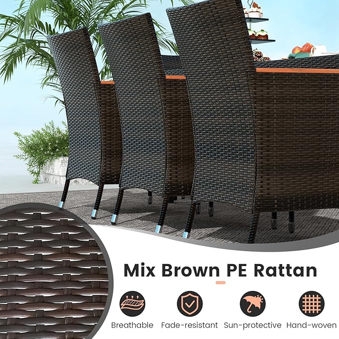 Tangkula 11 Piece Rattan Outdoor Dining Set with 15Ft Patio Umbrella for 8, Outdoor Wicker Table Set with 8 Cushioned Armchairs, Acacia Wood Top, Outdoor Umbrella with Base Included