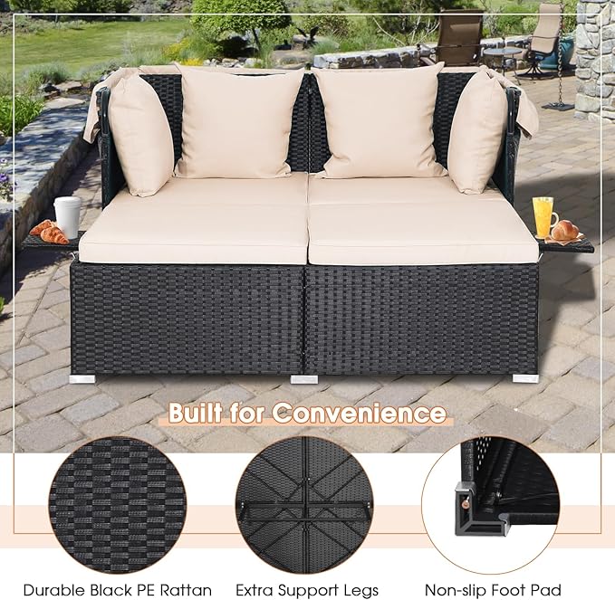 RELAX4LIFE Patio Outdoor Daybed with Canopy, Wicker Sunbed w/Cushions, 4 Pillows & 2 Retractable Side Trays, 2-Person Lounge Bed Conversation for Poolside Porch Garden, Rattan Outdoor Bed (Beige)