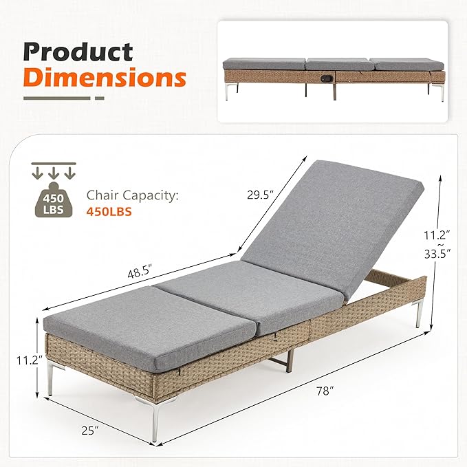 HOMREST Outdoor Chaise Lounge Chair Set of 6, Patio Wicker Lounge Chairs with Adjustable Backrest, Rattan Pool Sunbathing Chaiser with Removable Cushion (Grey)