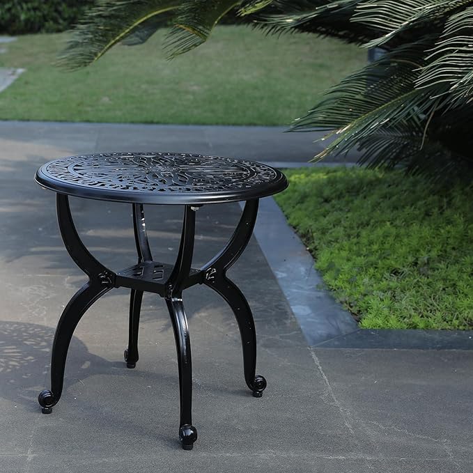 Cast Aluminum Outdoor Side Table, All Weather Round Small Coffee Table for Patio,Park,Lawn,Yard (18.5" Black)