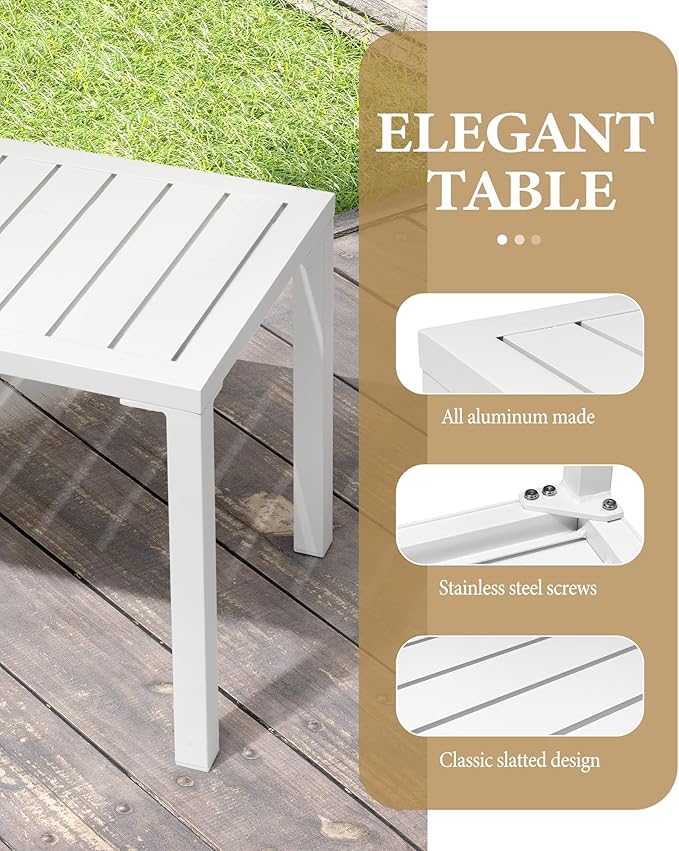 Crestlive Products Outdoor Side Table Set of 2, Aluminum Rectangular Side/End Table, Small Patio Coffee Bistro Table for Outdoor Indoor (White)