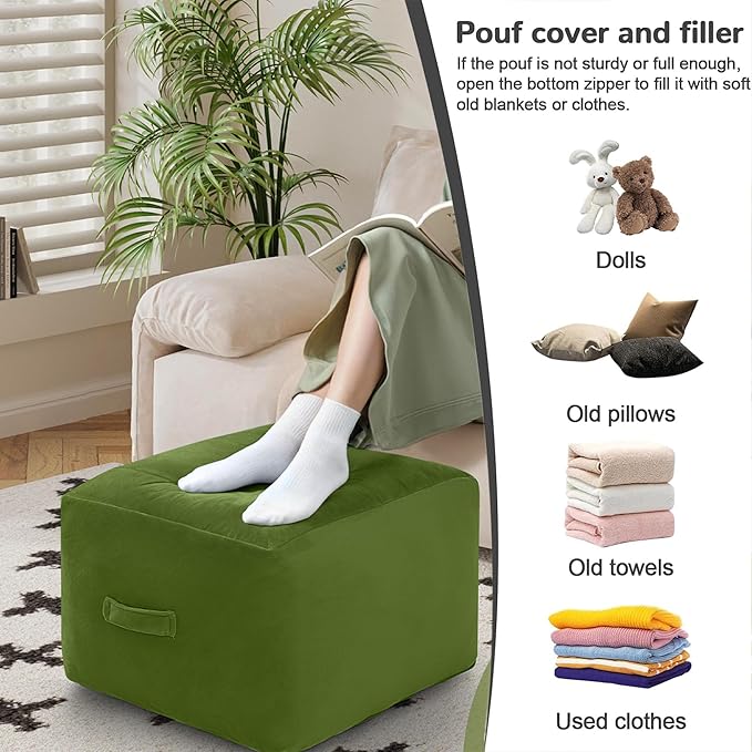 MeMoreCool Square Stuffed Pouf Ottoman Foot Rest, Floor Pouf Foot Stool with Foam Chunk Filling, Soft Stuffed Ottoman Footrest for Living Room, Green