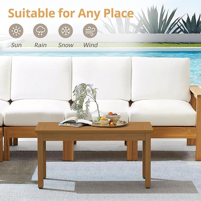 LUE BONA Outdoor Coffee Table Rectangle, HDPS Patio Coffee Tables for Outside, All Weather Patio Coffee Table with Slatted Tabletop for Deck, Garden, Balcony, Indoor or Outdoor Use, Teak