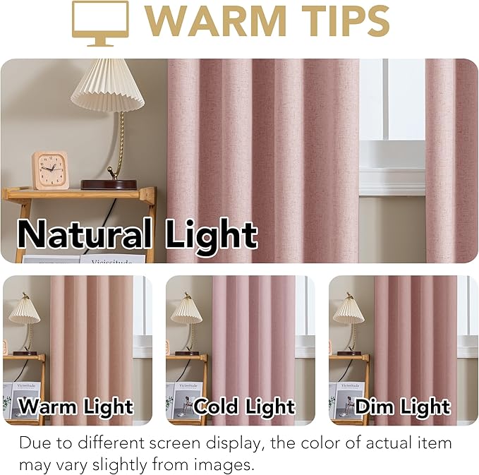 H.VERSAILTEX Linen Curtains 100% Blackout Curtains for Bedroom 54 inch Long Full Light Blocking Nature Linen Blended Window Curtains for Living Room Nickel Grommet (2 Panels, Heathered Baby Pink)