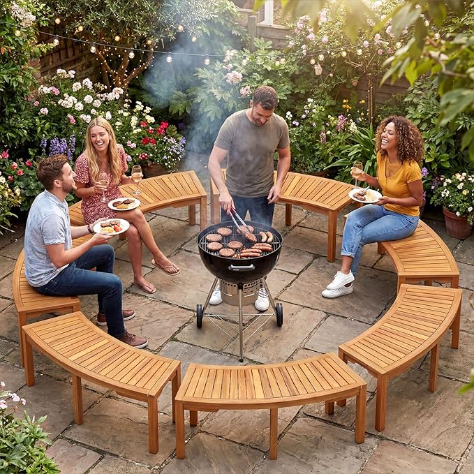 Tangkula Outdoor Curved Bench, Acacia Wood Fire Pit Bench w/Slatted Seat, Patio Backless 2-Person Seating for Porch, Yard, Garden, 800 LBS Max Load, Oil Painted (7, 45")