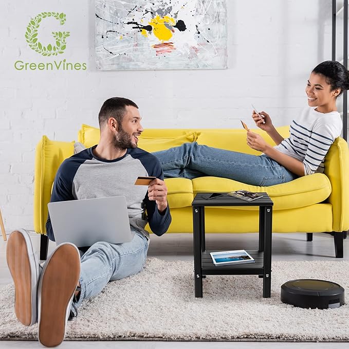GREENVINES Adirondack-Outdoor-Side-Table | Set of 2 | 14 x 13 Inches | HDPE Plastic | All Weather | Black | Outside End Tables | Storage Shelf | for Patio Porch Backyard Indoor