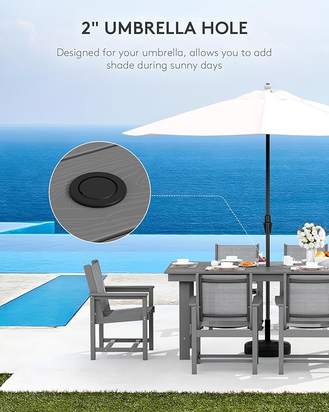 SERWALL Patio Dining Sets for 6, Outdoor HDPE Dining Set with Umbrella Hole Cut-Out Table and 6 Woven Chairs, Gray