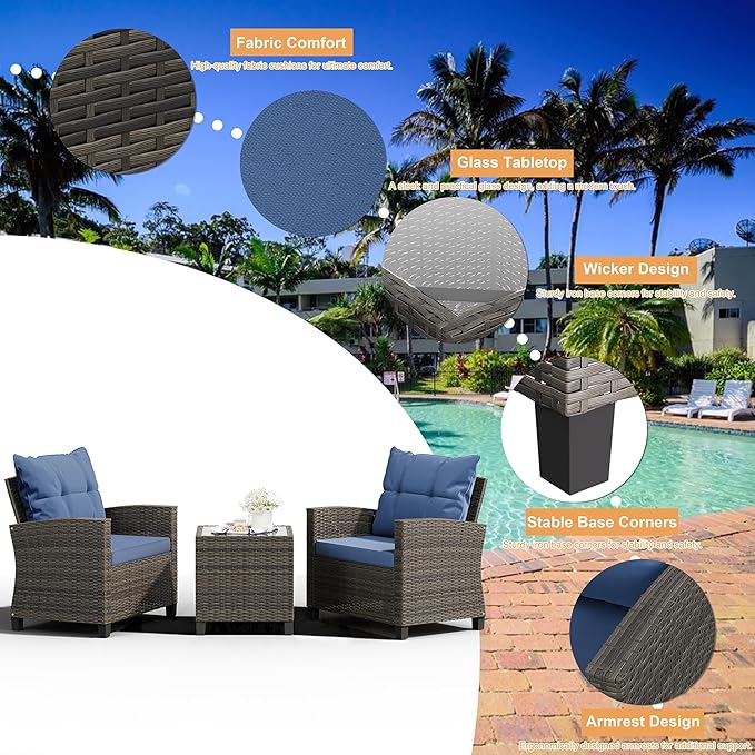 Shintenchi 3 Pieces Patio Furniture Set 3 Pieces PE Rattan Wicker Chairs with Table Outdoor Furniture for Backyard/Garden/Poolside/Outdoor Restaurant Gary Rattan with Blue Cushion