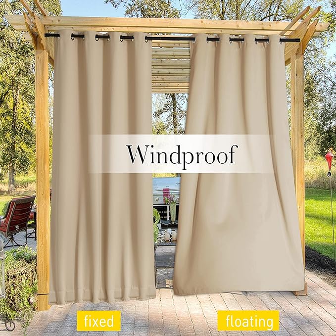 NICETOWN 2 Panels Weighted Blackout Curtains for Patio Waterproof, Top & Bottom Grommet & Back Tab Fixed Outdoor Curtains Windproof Drapes Thermal Insulated for Porch, W66 x L90, Biscotti Beige
