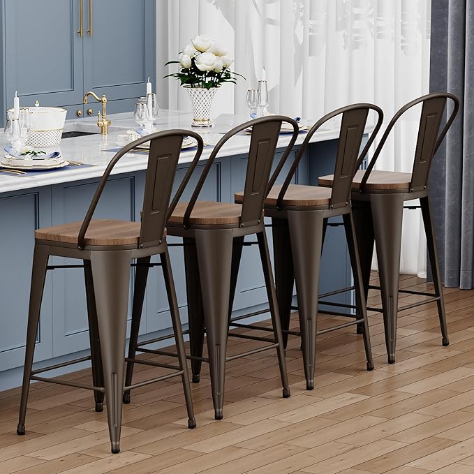 Yongqiang 30 inch Metal Bar Stools Set of 4 Bar Height Stools Kitchen Island Barstools Modern Farmhouse High Back Bar Chairs with Large Wooden Seat Rusty