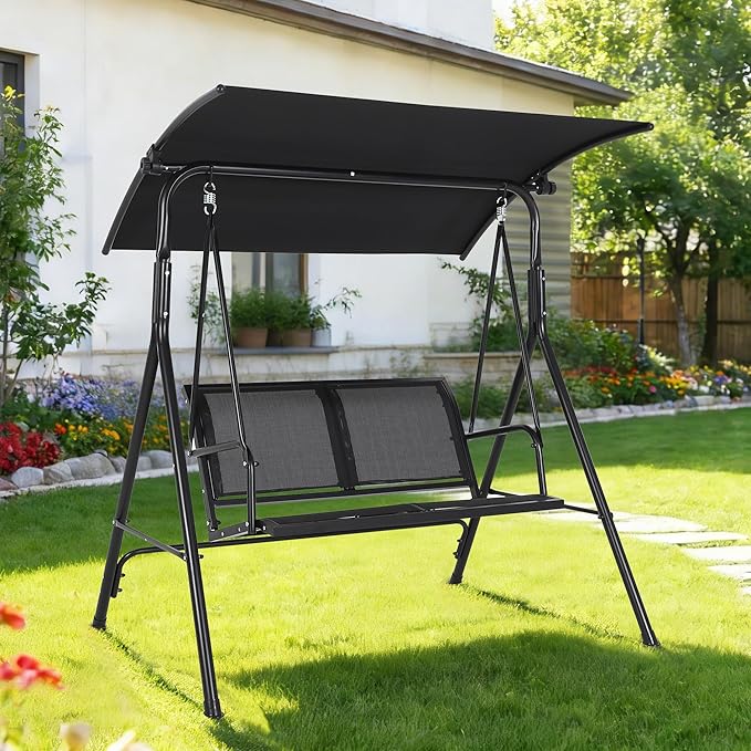 Porch Swing with Adjustable Canopy for Adults 2-Seat Outdoor Waterproof Textilene & Steel Frame Patio Swing Bench for Backyard Lawn Garden Black