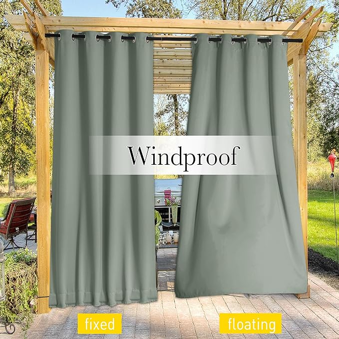 NICETOWN 2 Panels Weighted Outdoor Curtains for Patio Waterproof, Thermal Insulated Grommet & Back Tab on Top & Bottom Windproof Sun Blocking Drapes for Gazebo with Fixed Rope, Sage Green, W66 x L84