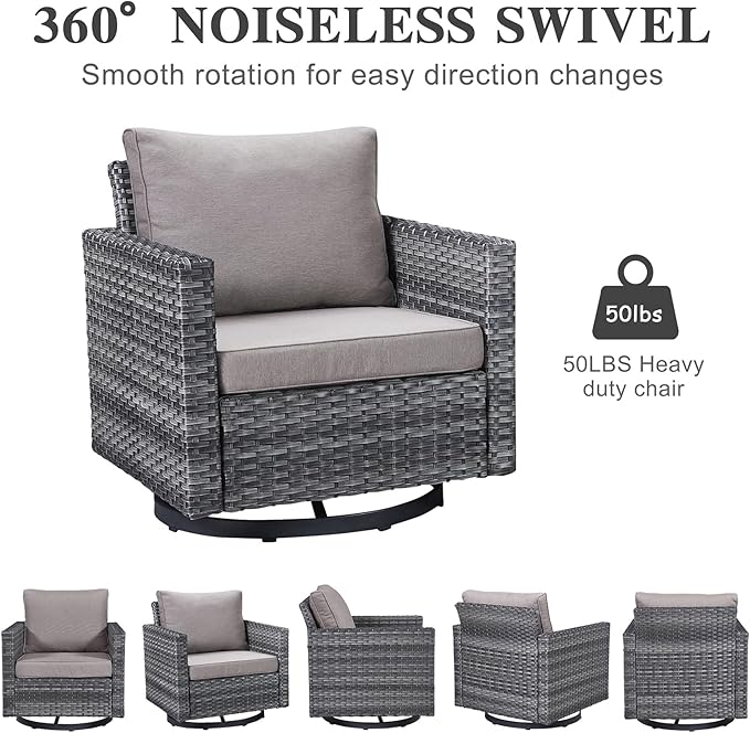 Belord Wicker Patio Furniture 5 Piece Outdoor Sofa Set, Oversize Outdoor Swivel Rocker Chairs with Rattan Ottomans, Conversation Sets Patio Furniture Come with Removable Washable Cushion Grey
