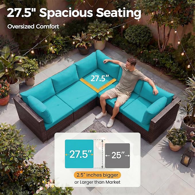 NICESOUL Large Outdoor Patio Furniture Set with Firepit Propane/Natural Gas, High-End Deep Seats Wicker Modular Sectional Sofas for 8, 29.3'' High Back Conversation Sets, Brown Rattan and Teal Cushion