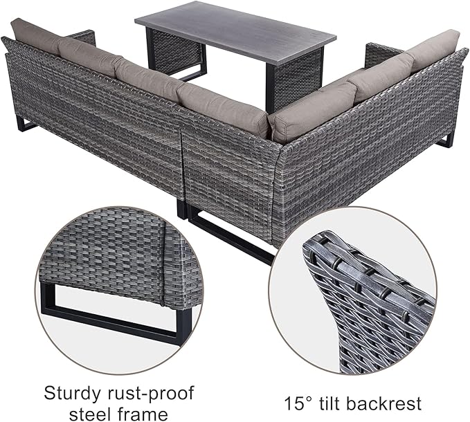 Belord Outdoor Sectional Sofa 6 Seater L Shaped Couch Wicker Patio Conversation Furniture Set Rattan Outdoor Furniture with Removable Washable Cushion Grey