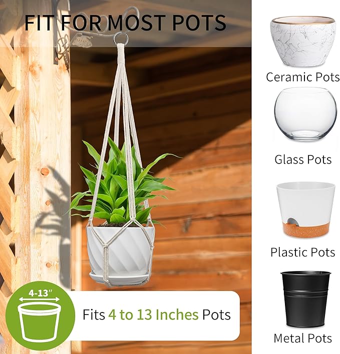 Macrame Plant Hanger, Fits 4-13 Inch Pots, Boho Hanging Plant Holder for Indoor Outdoor, 35 Inch, Set of 3, White (No Flowerpot)