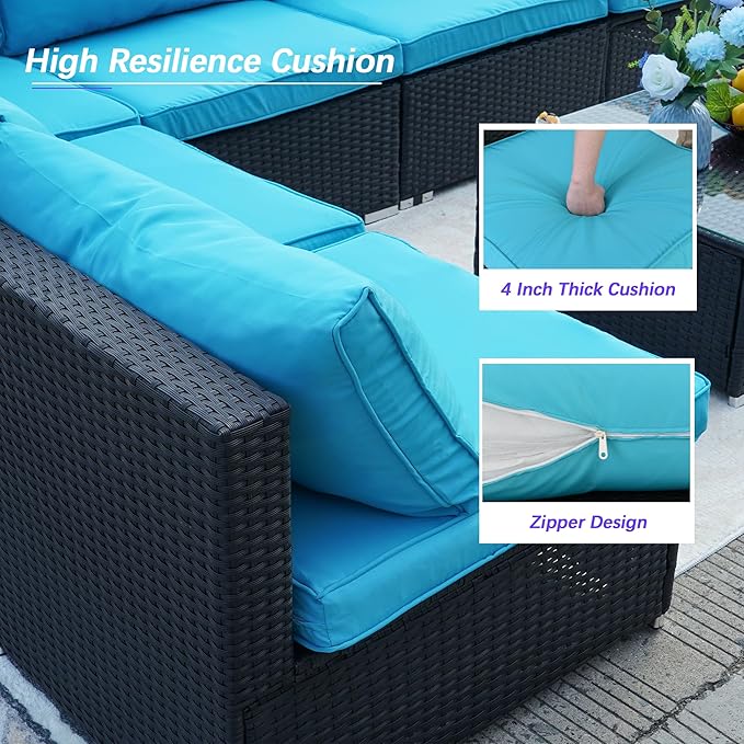7 Piece Outdoor Patio Furniture Sets, Turquoise Patio Sectional Furniture All-Weather PE Rattan Sectional Sofa, Outdoor Wicker Conversatin Set w Coffee Table for Backyard, Garden, Porch