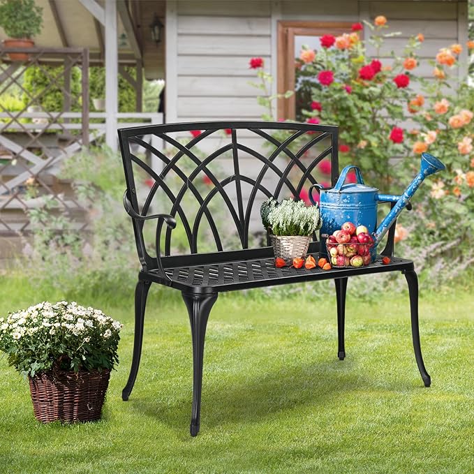 VINGLI 38" Outdoor Metal Bench, Cast Aluminium Garden Bench, Weatherproof Antique Finish Orchid Chair, 1-2 Person Seat Deck Furniture for Porch Entryway Patio (Black)