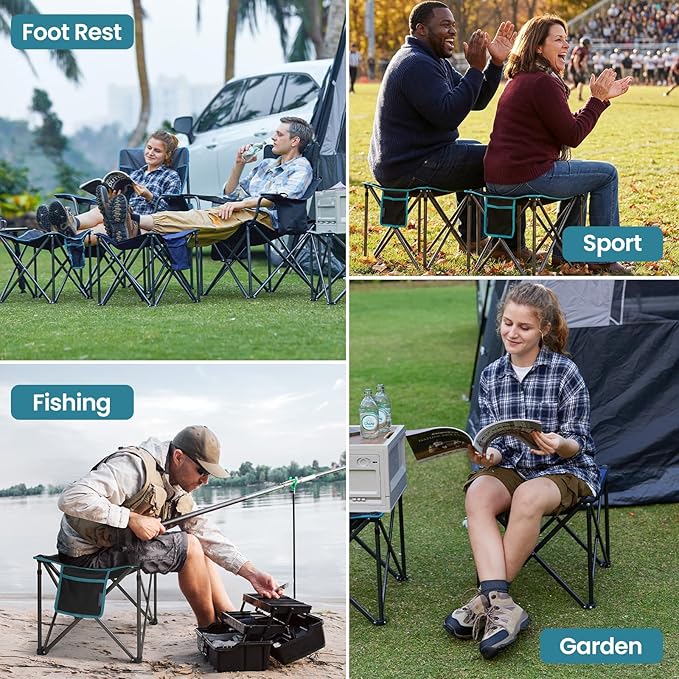 FUNDANGO Oversized Camping Stool for Adults,Thick Padded 18.1 Inch Folding Ottoman Foot Rest, 440 Lbs Heavy Duty Outdoor Camp Chairs with Anti-Slip Foots & Carry Bag for Fishing Travel (Blue)