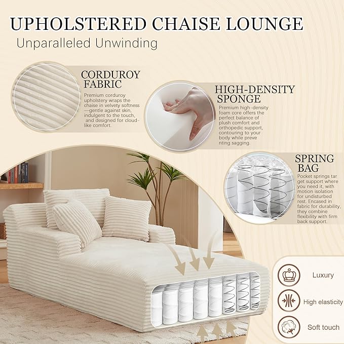 80 Inch Chaise Lounge Chair Indoor, Oversized Corduroy Upholstered Boneless Sofa Bed, Deep Seat Sleeper Couch Reading Chairs, Cloud Sofas Couches for Living Room, No Assembly Required (Beige)