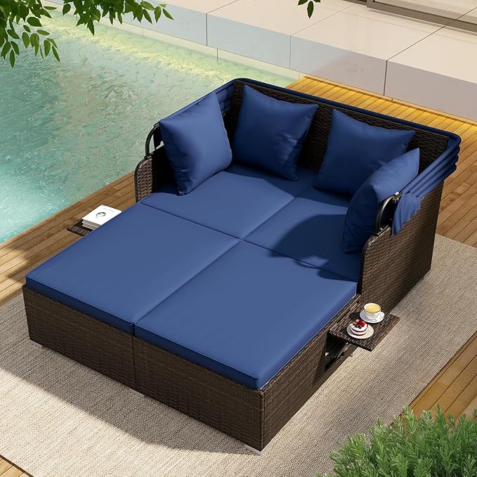 ORALNER Outdoor Daybed, 2-Person Wicker Patio Sofa with Retractable Canopy, Cushions & Pillows, 2 Side Trays, PE Rattan Double Sunbed for Deck Poolside Garden Balcony Backyard (Navy, Mix Brown)