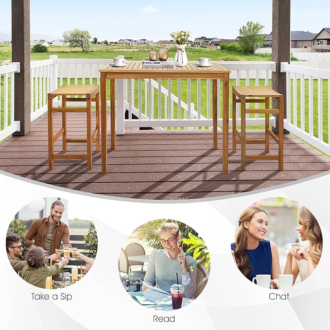 Tangkula 5 Piece Outdoor Acacia Wood Bar Table Set, 45" Rectangular High Top Table with 4 Saddle Seat Bar Height Stools, Space-Saving Patio Dining Set for 4, for Deck, Garden and Porch