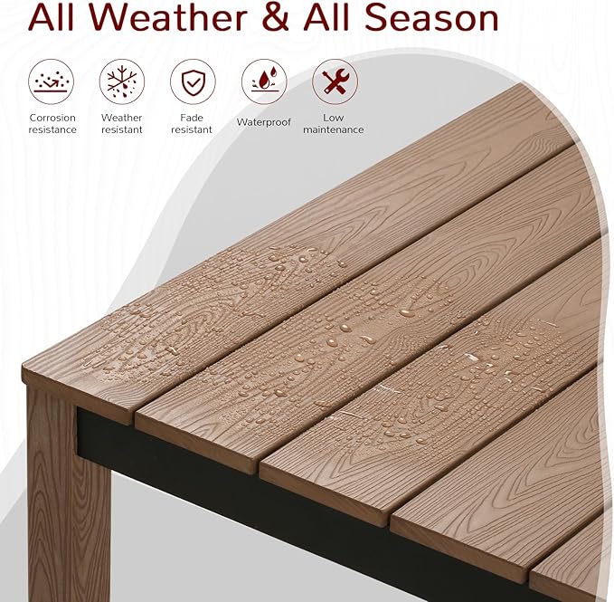 Stoog 63" All-Weather Patio Dining Table, HIPS Waterproof Tabletop with Cross-Braced Aluminum Frame & Umbrella Hole, Fade & Rot Resistant, for Backyard, Garden, Deck, Teak