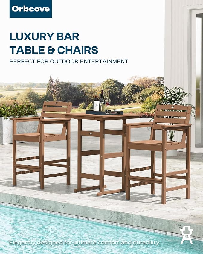 Patio Bar Table,Adirondack Chairs and Table 4 Pieces Set, Bar Height Chairs Set of 4, Outdoor Bar Stools Set,Weather-Resistant Outdoor Furniture for Deck, Balcony, Poolside Easy Assembly