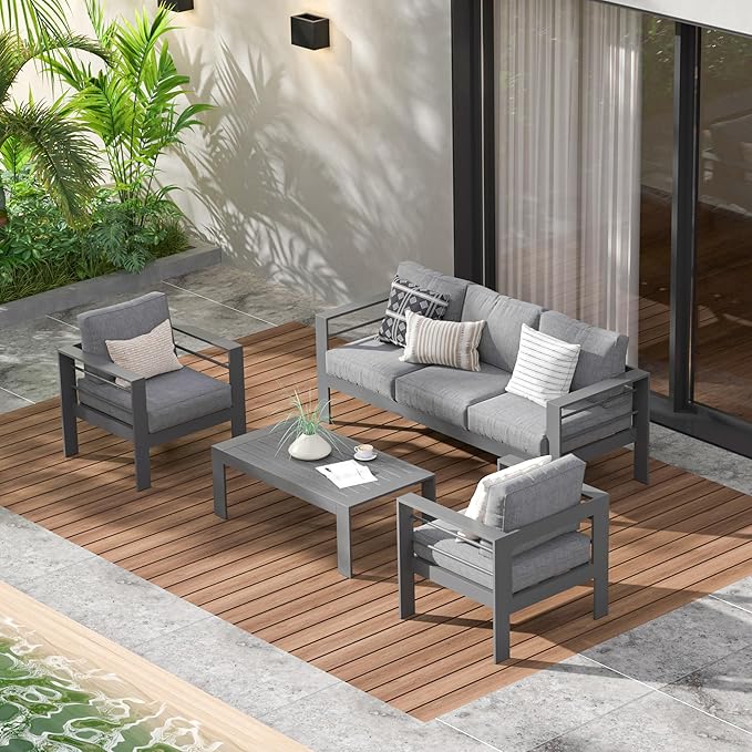 Wisteria Lane Aluminum Outdoor Patio Furniture Set, Oversized Patio Conversation Sets with Deep Seating and Wide Armrest, Outdoor Sectional Metal Sofa with 5 Inch Cushion and Coffee Table, Dark Grey