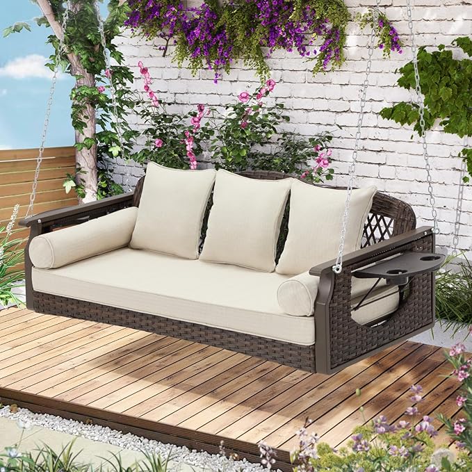3 Seat Porch Swing, Wicker Patio Swing with Cup Holders & 3 Back Cushions, Yard Swing with Chains for Deck Garden Backyard,Brown Rattan, Beige Cushion, 56-inch