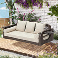 3 Seat Porch Swing, Wicker Patio Swing with Cup Holders & 3 Back Cushions, Yard Swing with Chains for Deck Garden Backyard,Brown Rattan, Beige Cushion, 56-inch