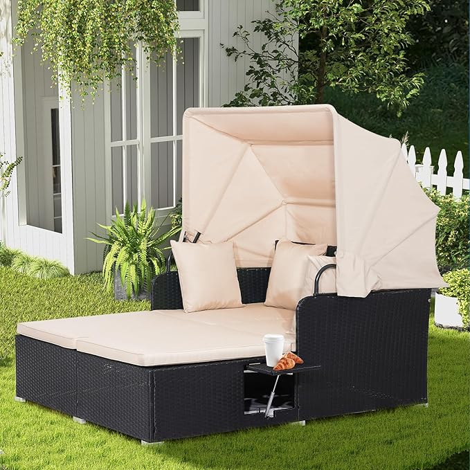 RELAX4LIFE Patio Outdoor Daybed with Canopy, Wicker Sunbed w/Cushions, 4 Pillows & 2 Retractable Side Trays, 2-Person Lounge Bed Conversation for Poolside Porch Garden, Rattan Outdoor Bed (Beige)