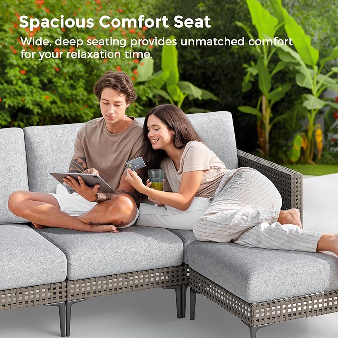 5 Pieces Outdoor Patio Conversation Set – Rattan L-Shaped Corner Sofa Comfortable Thickening Cushions for Garden, Balcony,Weatherproof Waterproof UV Resistance