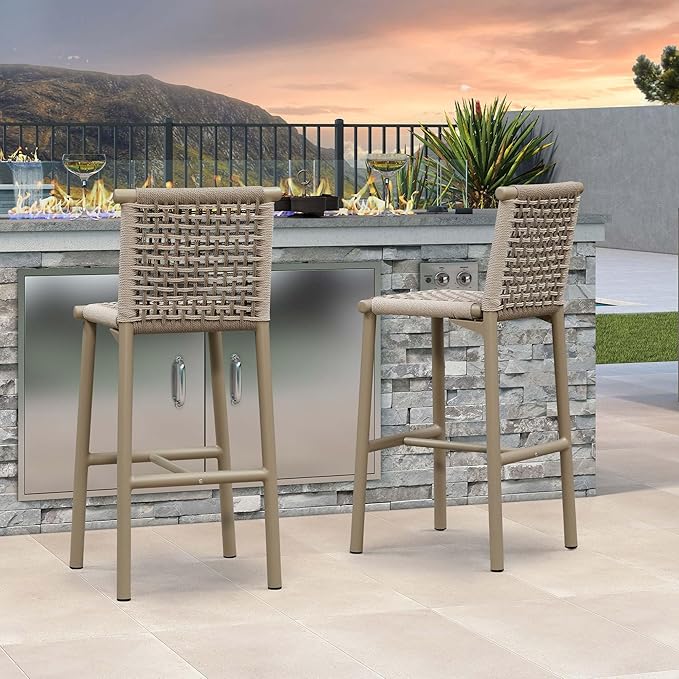 PURPLE LEAF Bar Stools Set of 2 with Back Aluminum Patio Counter Height Stools for Pool Lawn Kitchen All Weather Wicker Outdoor Bar Chairs Champagne