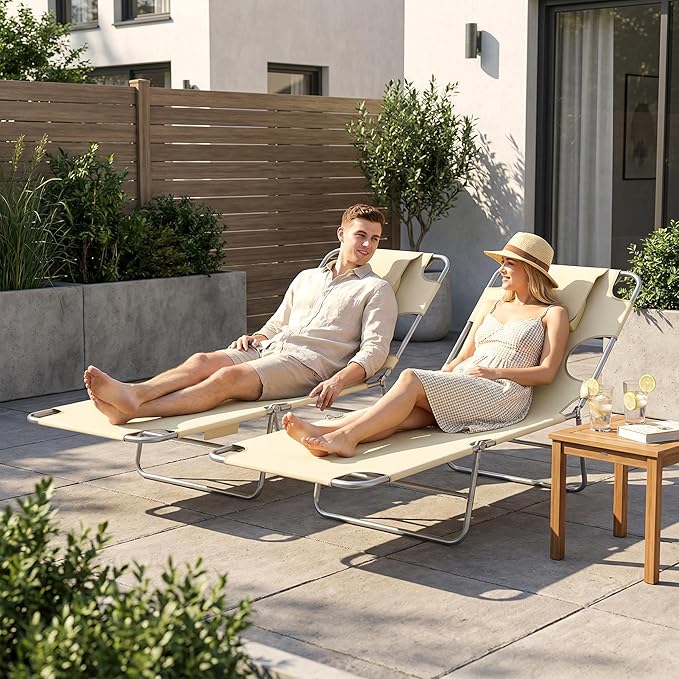 Outsunny Chaise Lounge Chair Outdoor Set of 2 with Face Arm Hole, 5-Position Reclining Face Down Tanning Chair with Carry Strap, Side Pocket, Portable Folding Bed Cot for Patio Beach Pool, Beige