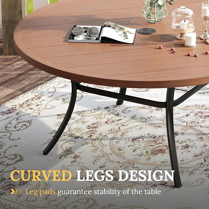 VICLLAX Large Patio Dining Furniture Set, Outdoor Dining Set for 10-60" Round Outdoor Table and Patio Stackable Chairs, Walnut Wood-Like Tabletop and Brown Fabric
