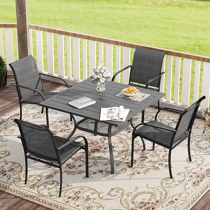 VICLLAX Patio Dining Set, 5 Pieces Outdoor Furniture Set- 37.8" Square Outdoor Table and 4 Stackable Patio Chairs, Grey Tabletop and Grey Fabric