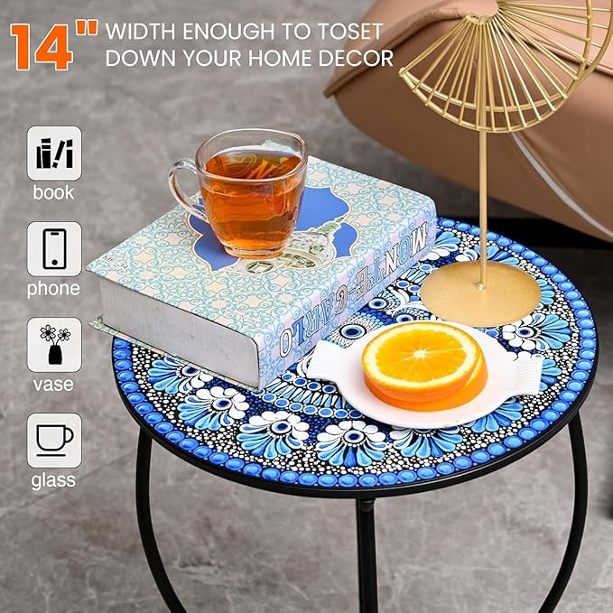 Metal Round Side Table, Weather Resistant Patio Accent Table for Indoor Outdoor Use, 14”Plant Stand for Flower Pots Vase Home Decor, Easy Assemble