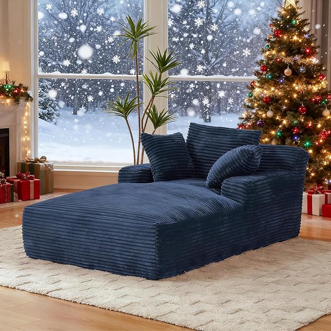 78.7" Chaise Lounge Chair Indoor, Oversized Boneless Couch Comfy Upholstered Sleeper Sofa Bed with 3 Pillows, Corduroy Cloud Reading Chair for Living Room No Assembly Required, Blue